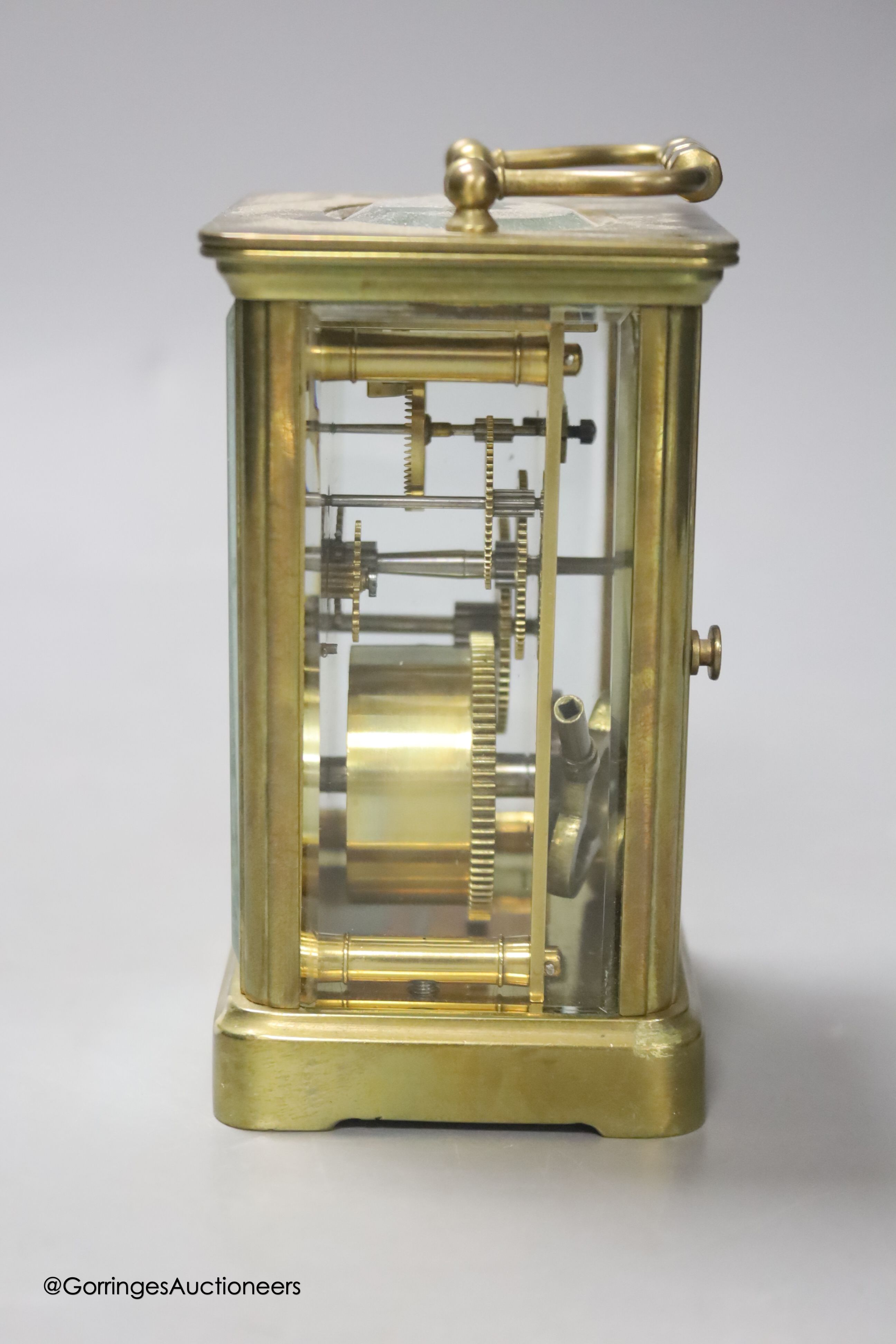 A French gilt brass carriage timepiece, height excluding handle 11cm